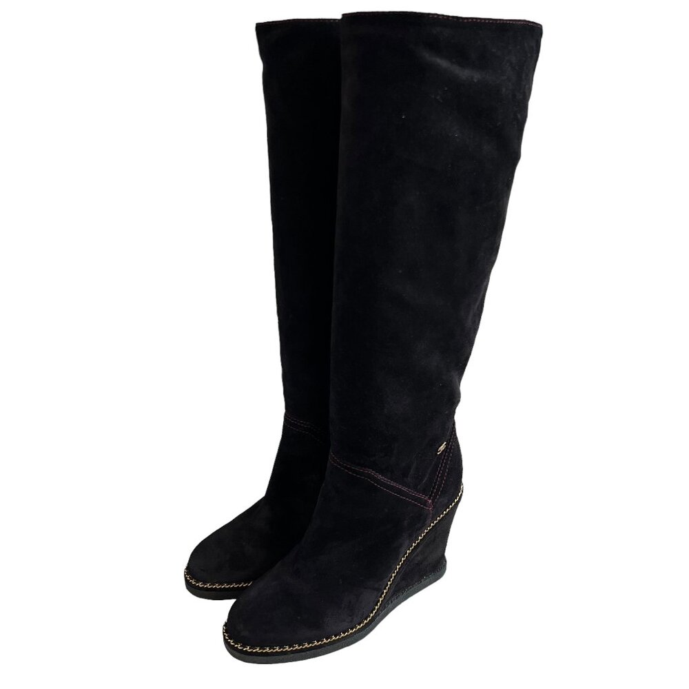 CHANEL Black Suede Knee-High Wedge Boots